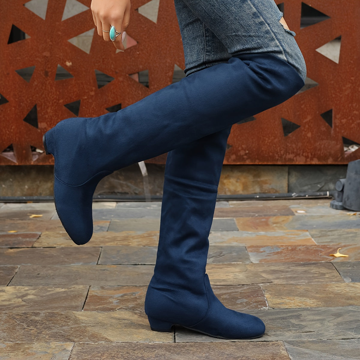 Women's Leather Low-Heeled High-Top Boots Large Sizes