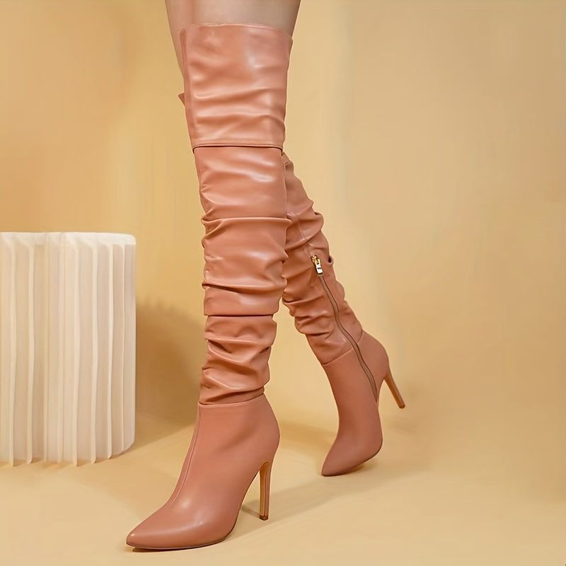 Women's Leather Stiletto Heeled Boots with Pointed Toe and Side Zipper