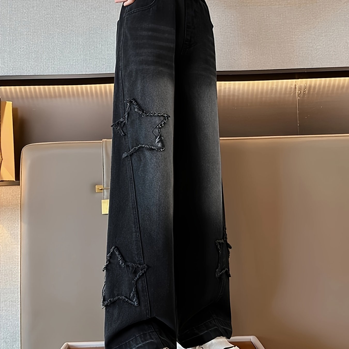 Джинсовые штаны для девочек с нашивкой в виде звезды и эффектом потертости для всех сезонов