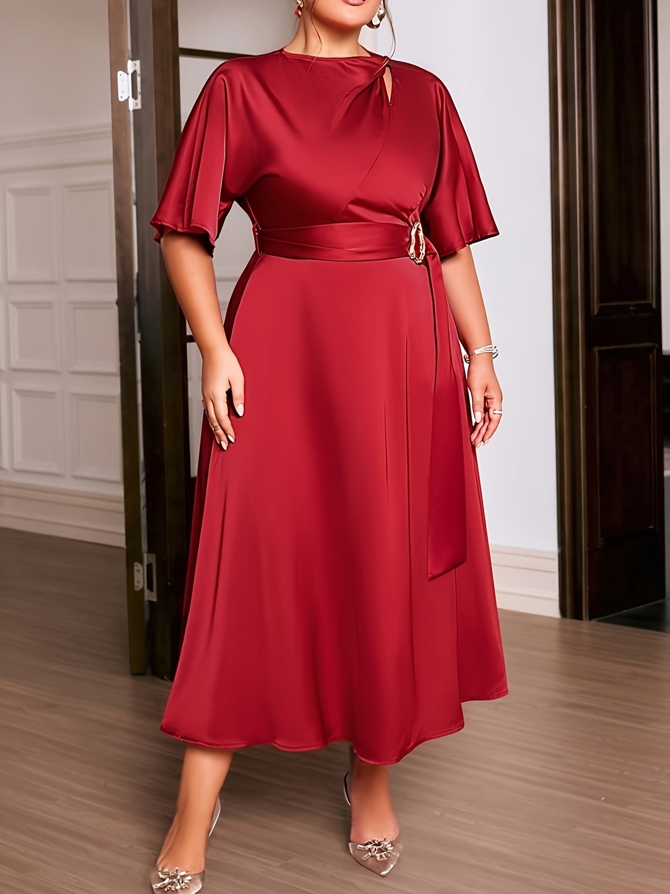 Women's Plus Size Long Dress Polyester Spandex Blend Crew Neck Short Sleeve Wedding Guest