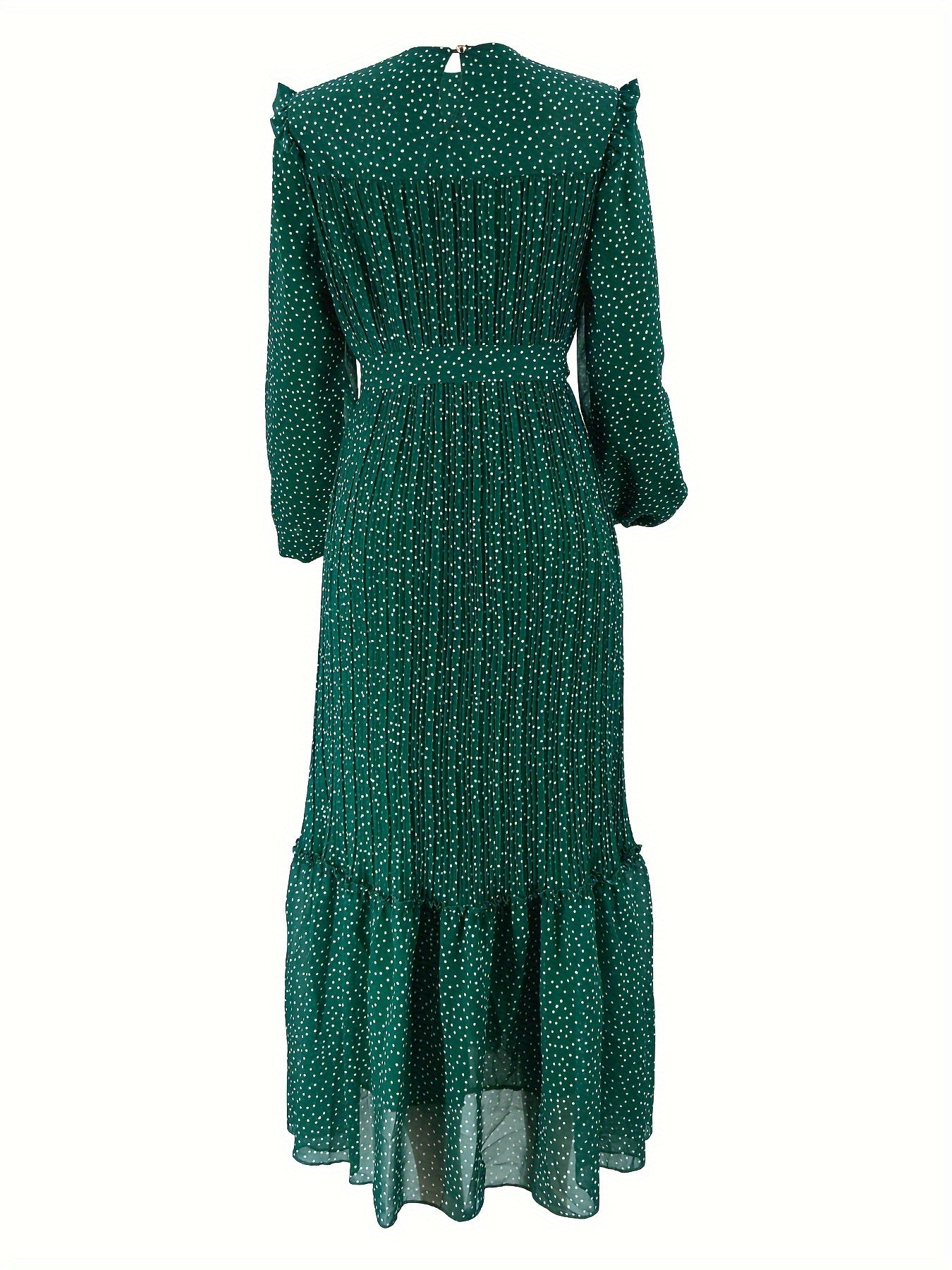 Vestido largo de lunares para mujer con dobladillo de volantes, mangas largas, cuello redondo y espalda plisada
