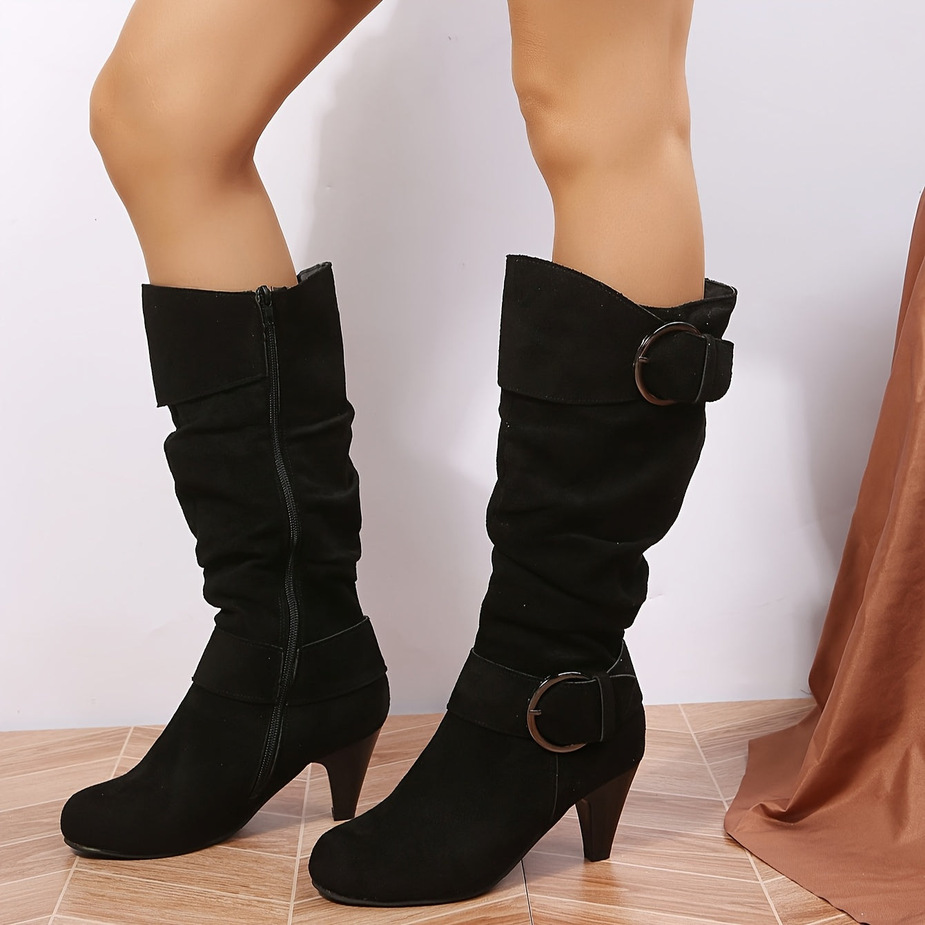 Women's Ankle Boots Leather Chelsea Long Boots with 7cm Heels