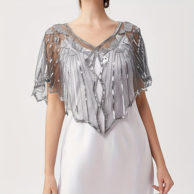 Beaded Sequin Embellished Evening Cape with Shawl for Bridal and Formal Wear