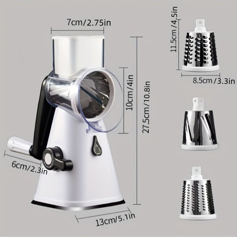 Rallador de queso de mano con mango de seguridad y base de succión fuerte, 3 cuchillas de acero inoxidable para rallar nueces, zanahorias, frutas y patatas