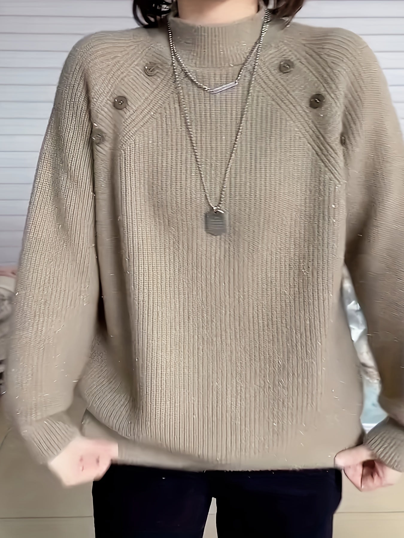 Women's Polyester Crew Neck Sweater with Long Sleeves and Button Details for Fall Winter