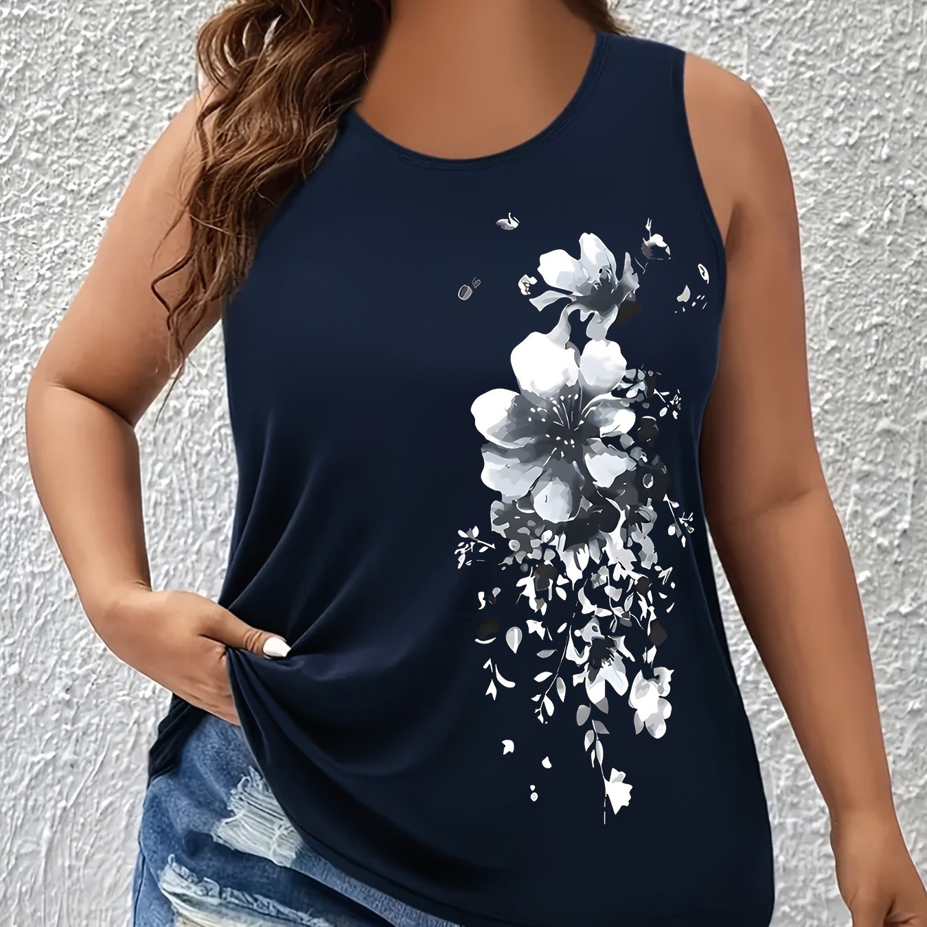 Plus Size Floral Print Tank Top for Women Summer Spring Casual Sleeveless Crew Neck