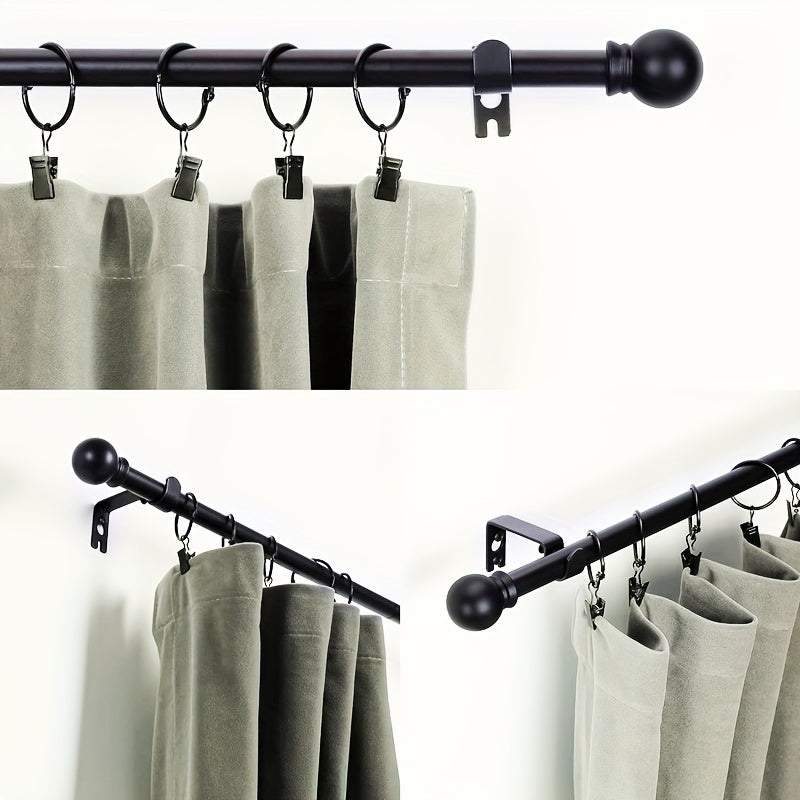 Elegant Black and White Adjustable Metal Curtain Rod Set with Decorative Hooks