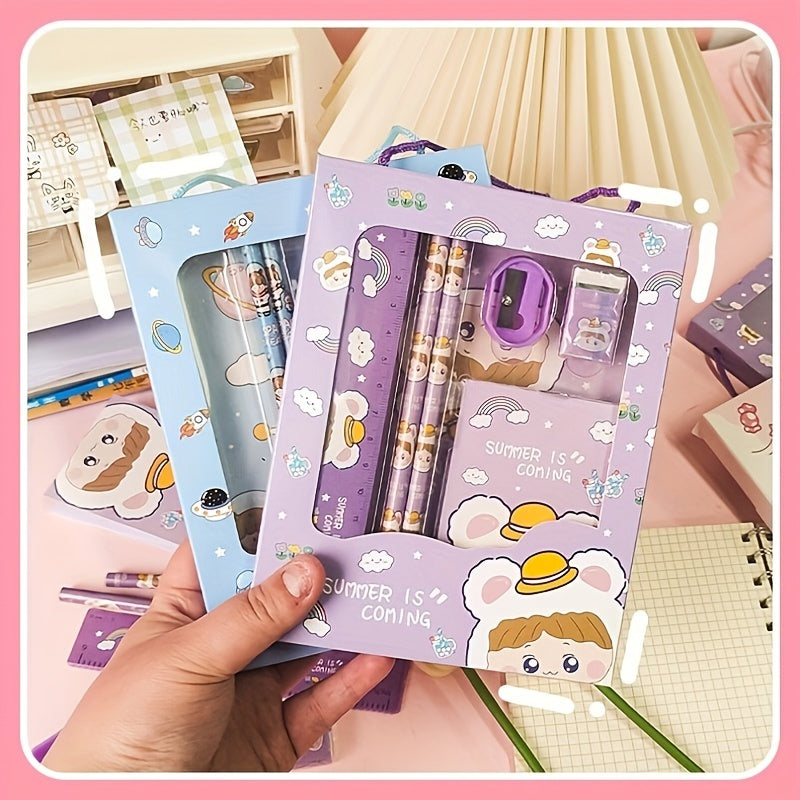 Cartoon Handheld Stationery Set for Students with 2 Pencils Ruler Eraser Notebook in 4 Colors