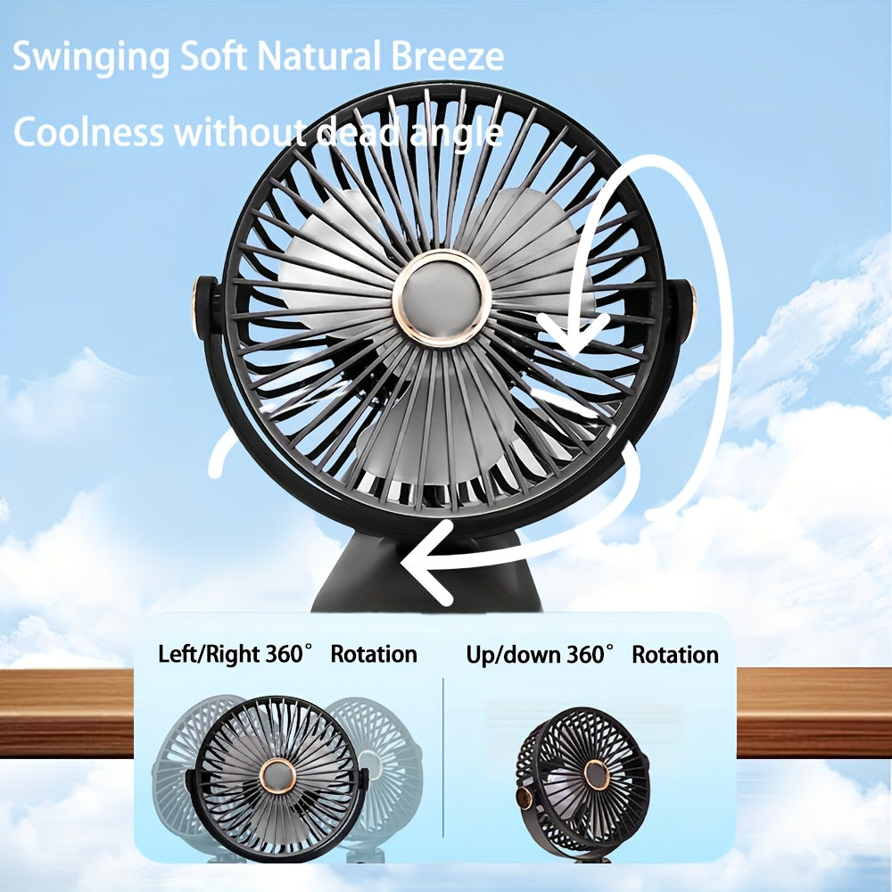 Portable Clip Fan with 2000mAh Rechargeable Battery and LED Light for Camping and Night Use