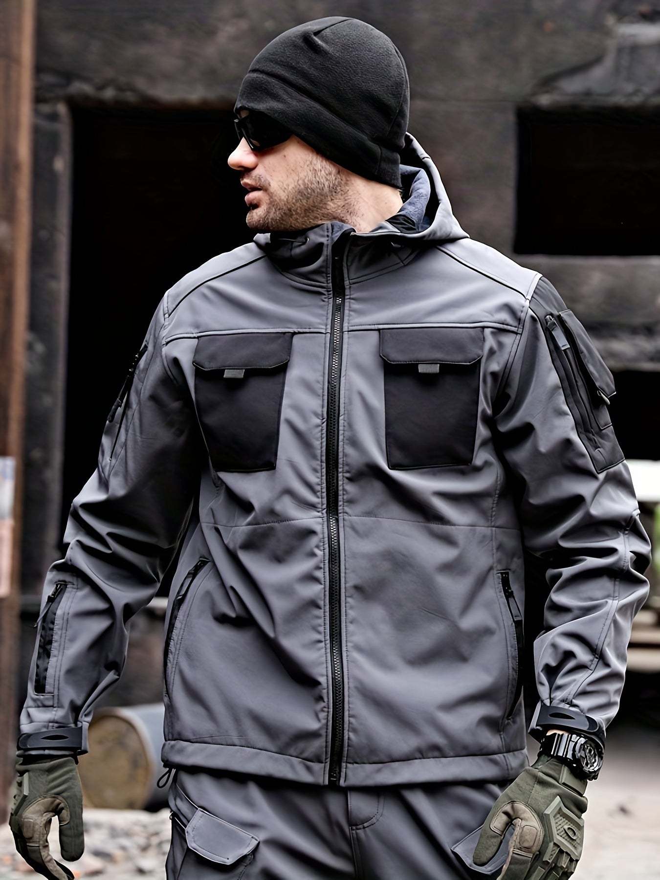 Men's Hooded Jacket with Pockets Waterproof Softshell Outdoor Coat for Hiking and Fishing