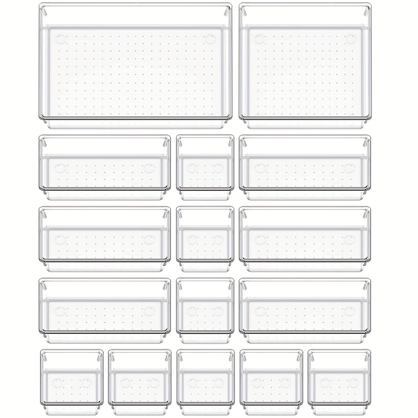 16-Piece Clear Plastic Storage Bins Set for Drawers Kitchen Office Organizers