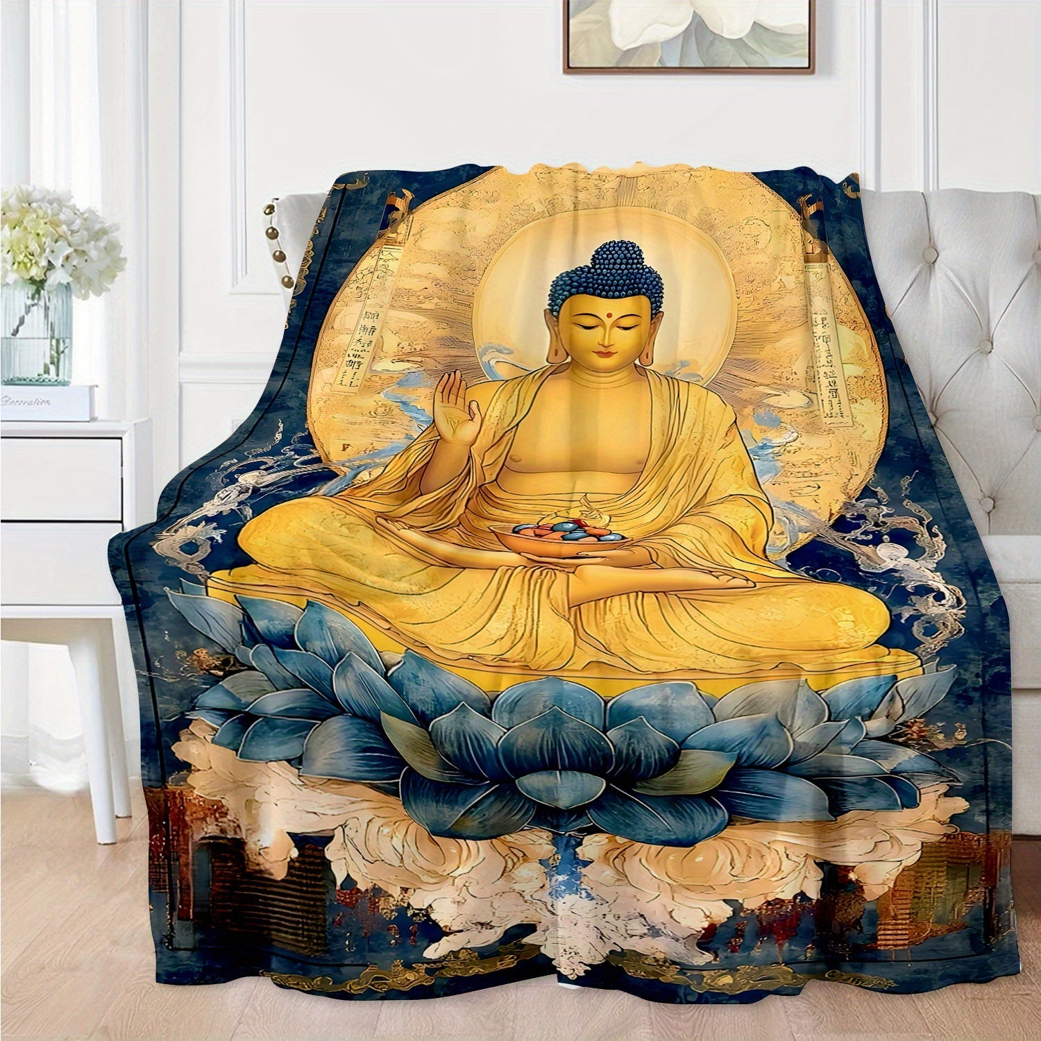 Vintage Buddha Flannel Blanketi: Ushbu juda yumshoq uyqu blanketi bilan yil davomida qulay va iliq bo'ling - O'ziga xos lotus gullari dizayni bilan - Tug'ilgan kunlar yoki do'stlarga sovg'a berish uchun ideal