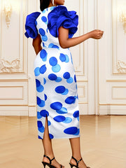 Women's Blue Polka Dot Midi Bodycon Dress with Ruffle Sleeves