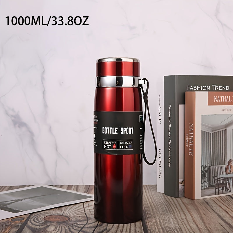Stainless Steel 1000ml Vacuum Insulated Water Bottle with Strap BPA-Free Keeps Hot Cold Sports Outdoor