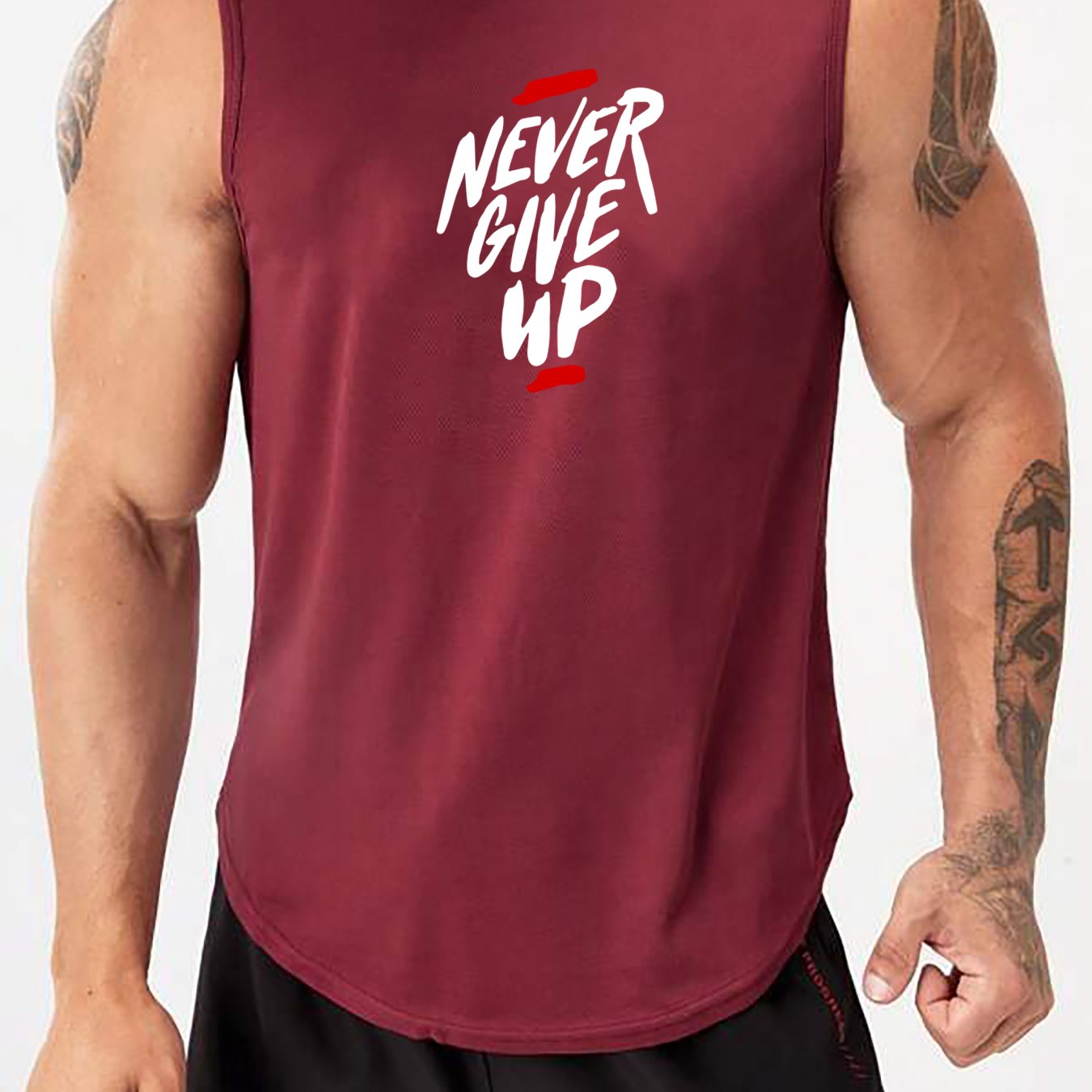 Men's Summer Breathable Polyester Tank Top with "Never Give Up" Print for Workout and Basketball