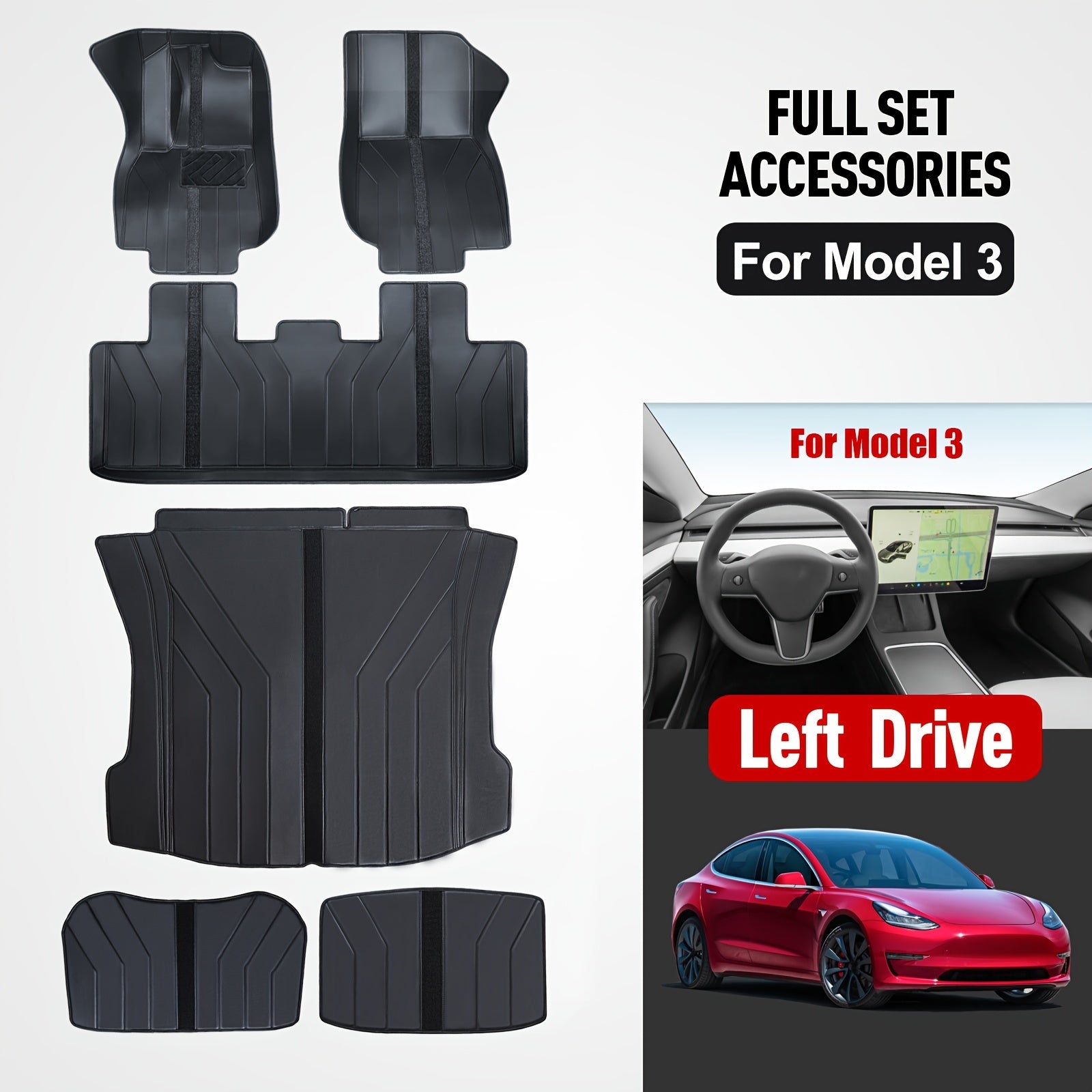 Car Floor Mats Set for Tesla Model 3 2020-2023 Non-Slip All-Weather 6 Pieces