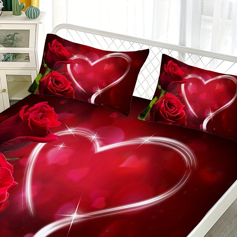 Romantic Rose Love Print Fitted Sheet Set 3 Piece Bedding Soft Breathable