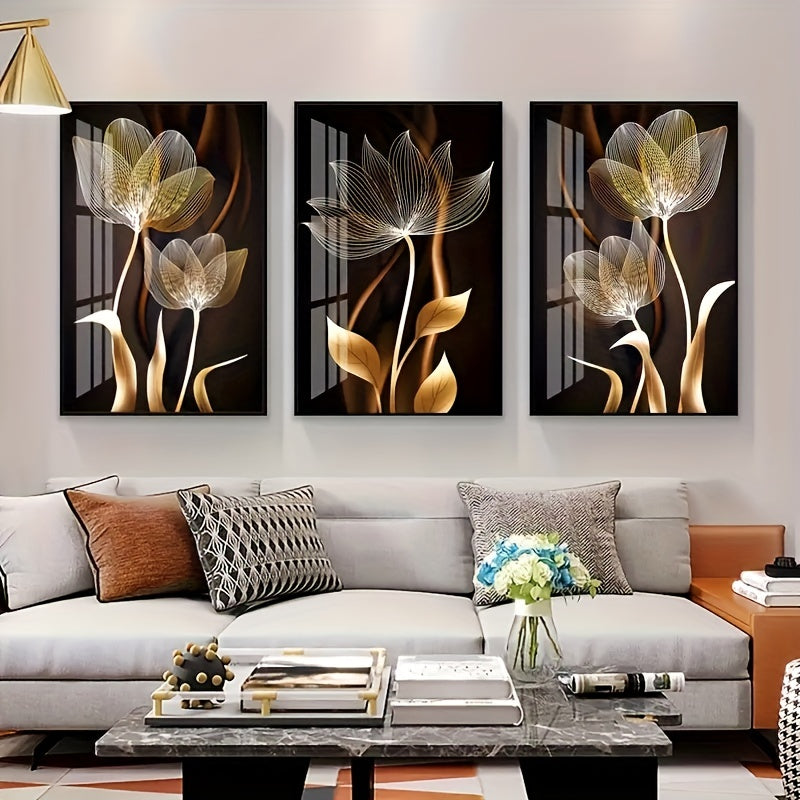 Set of 3 Gold Flower Canvas Wall Art Posters Frameless for Living Room Bedroom Kitchen