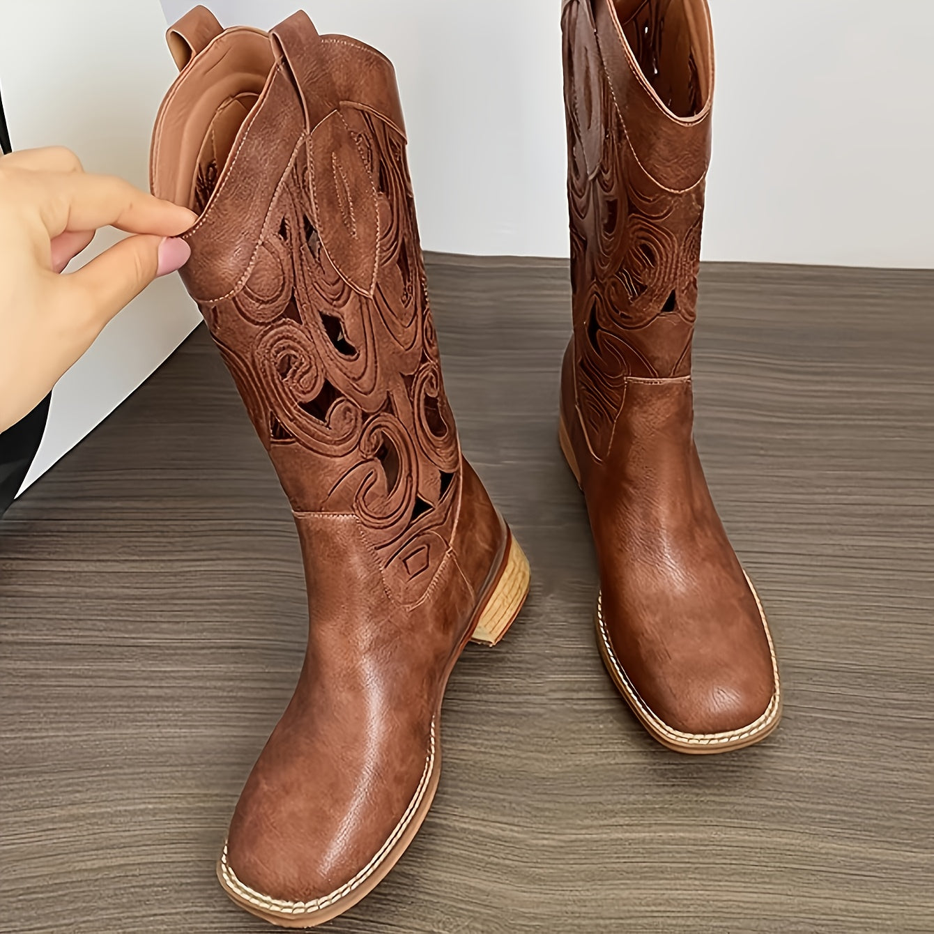 Women’s Brown Embroidered Western Cowboy Boots Mid-Calf Slip-On
