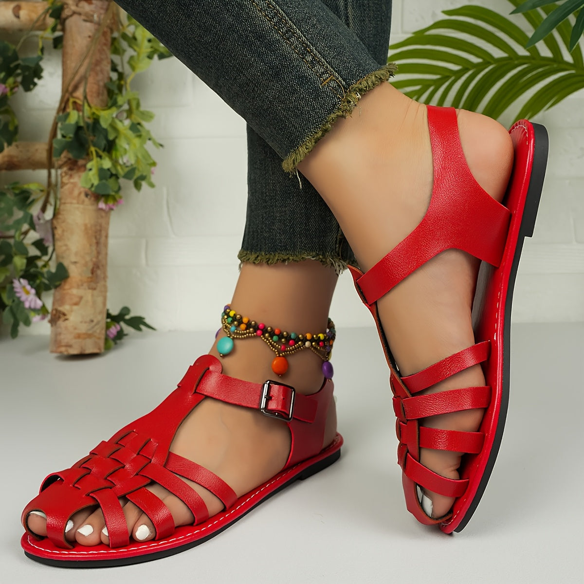 Women's Woven Flat Sandals Solid Color Buckle Closed Toe Summer Footwear