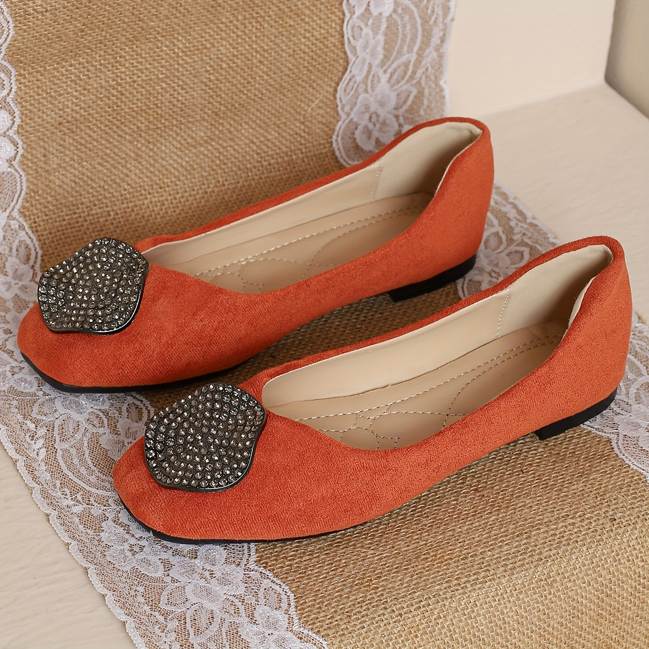 Women's Rhinestone Buckle Flats Solid Color Slip-On Casual Ballet Shoes