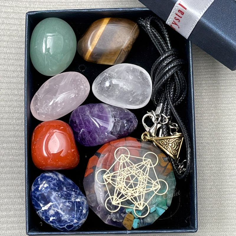 Set of 8 Natural Stone Pendants with Necklace Gift Box for Men and Women