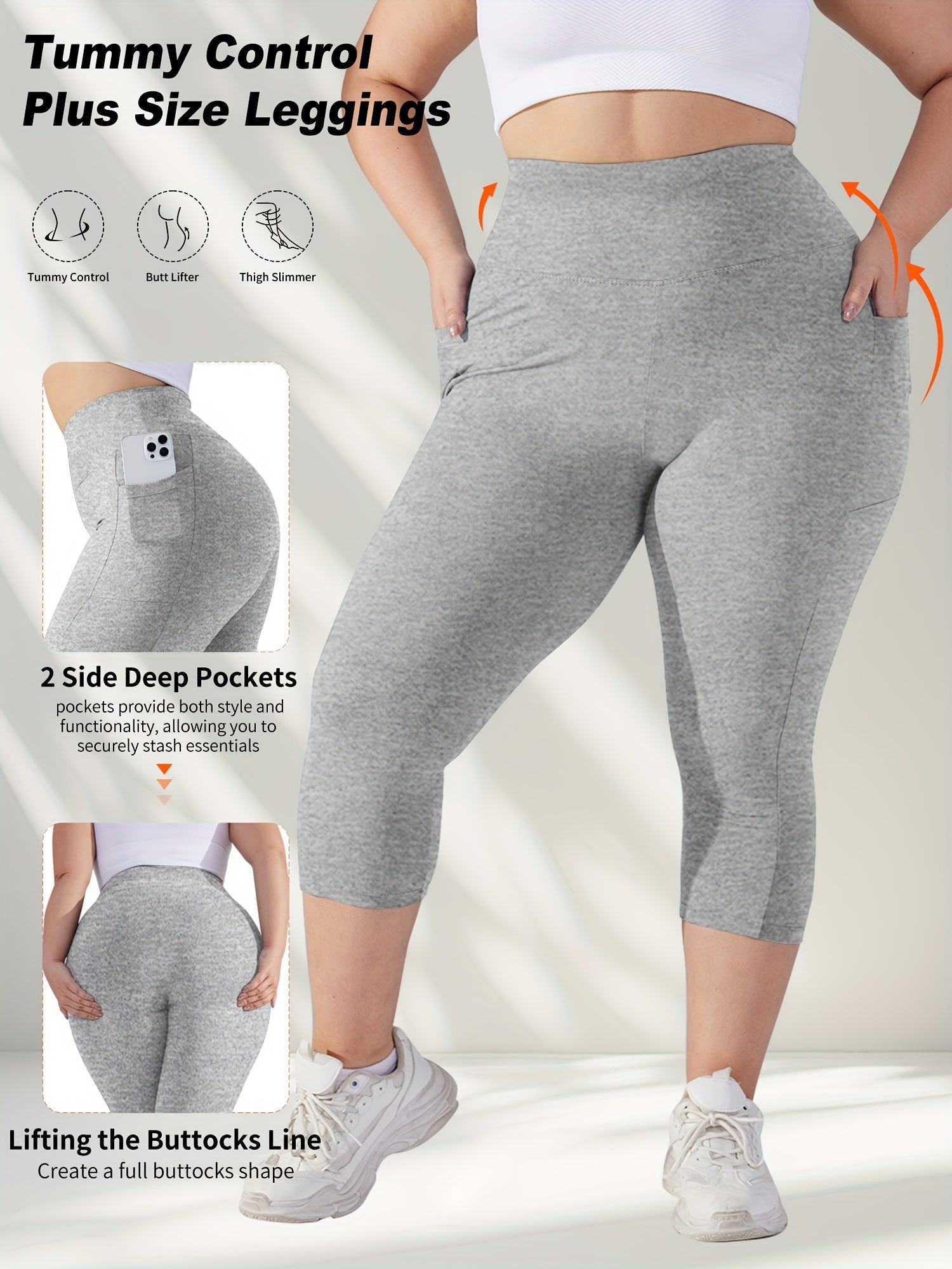 Леггинсы для женщин больших размеров с высокой талией и карманами, контроль живота, серый