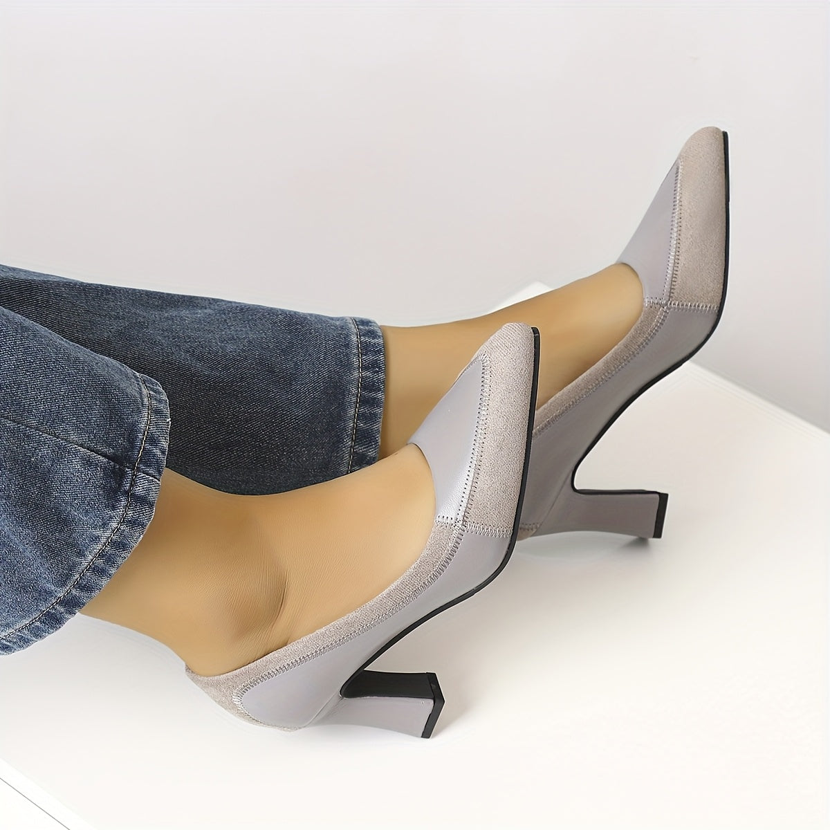 Women’s Spring Pointed Toe Mary Jane Heels Synthetic Cover Embroidery Gray