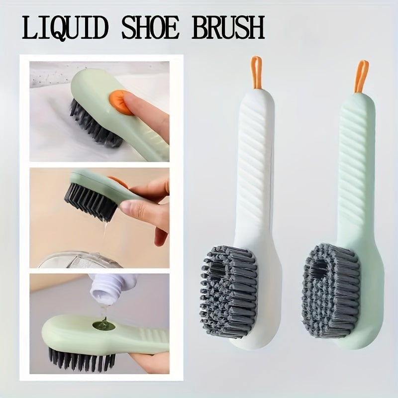 Ergonomic Shoe Brush with Long Handle Built-in Soap Dispenser Soft Bristles for Shoes Boots Jewelry