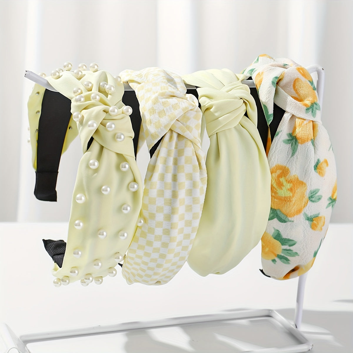 Set of 4 Women's Fabric Floral and Polka Dot Knotted Headbands with Faux Pearl Details