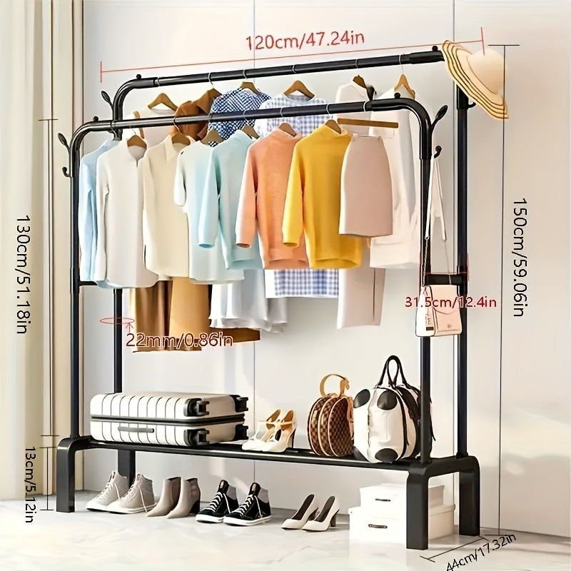 Large Capacity Floor Standing Clothes Drying Rack with Double Poles for Bedroom Balcony Bathroom
