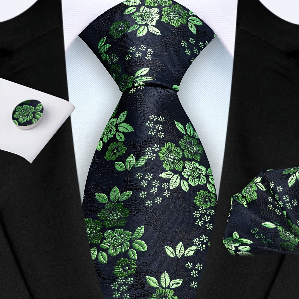 Men's 3-Piece Tie Set Floral Design Polyester Necktie Pocket Square Cufflinks for Weddings Business