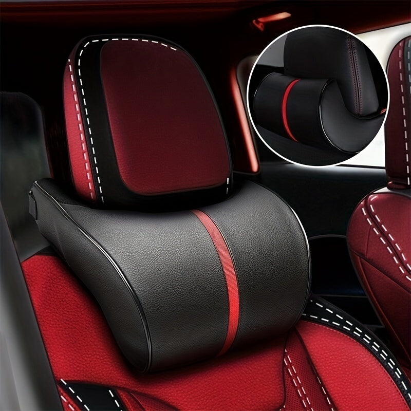 Faux Leather Car Headrest Pillow Memory Foam Cushion for Vehicle Seat Red Stitching