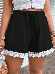 Women's Plus Size Floral Lace Trim Wide-Leg Summer Shorts Black Beach Vacation