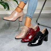 Women's Glossy Oxford Shoes Lace-Up Block Heels Formal Casual Non-Slip Rubber Sole
