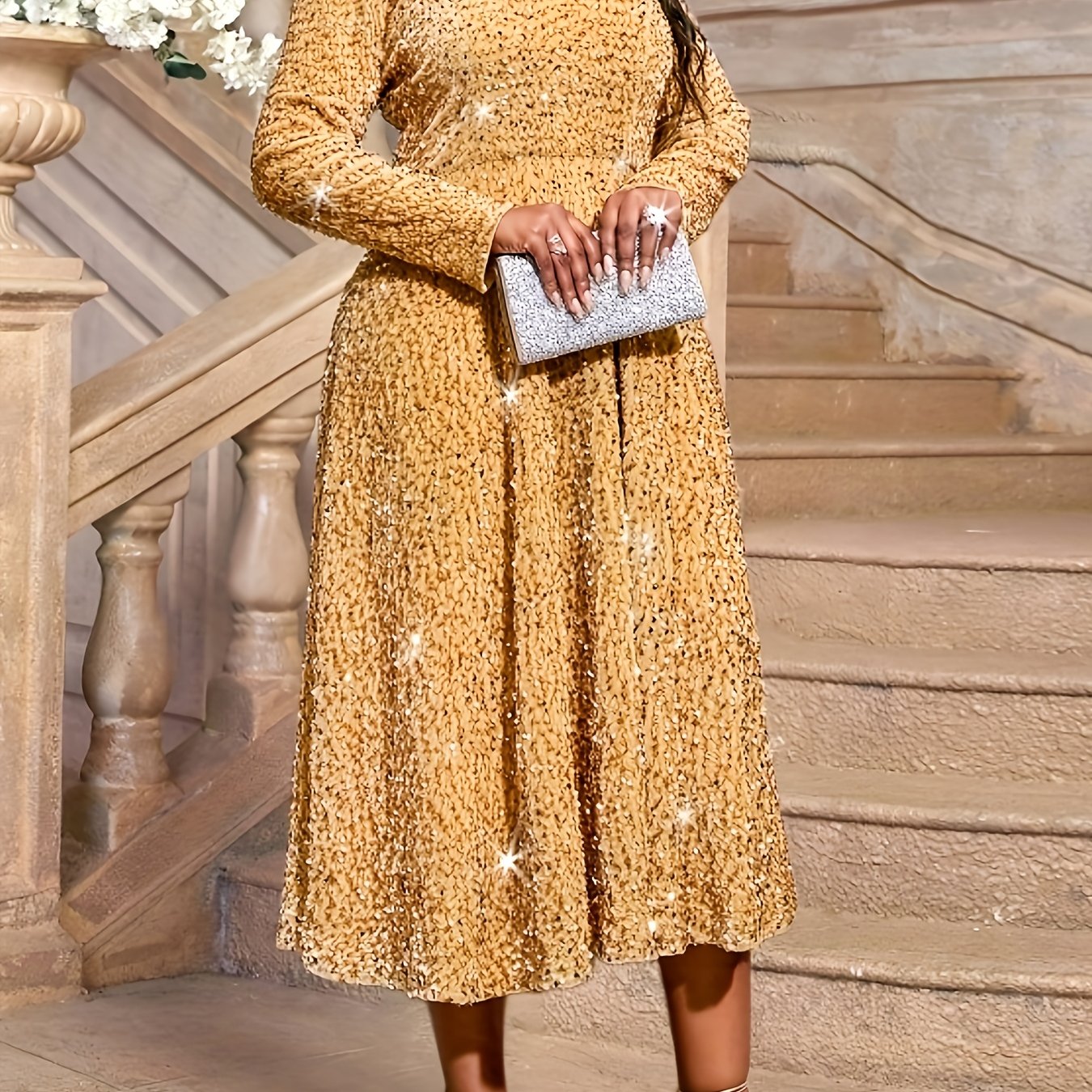 Women's Elegant Sequin A-Line Formal Party Dress with Long Sleeves