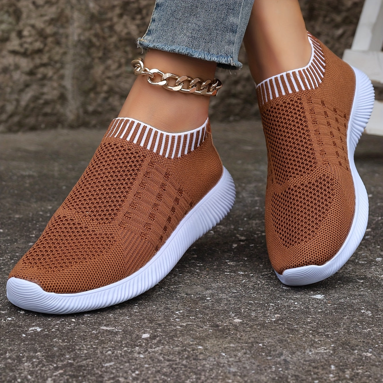 Women's Breathable Knit Flats Casual Mary Jane Shoes with EVA Sole Brown