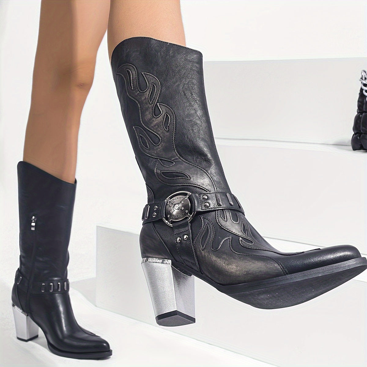 Women's High-Top Leather Knight Boots Over-the-Knee Buckle Irregular Silver