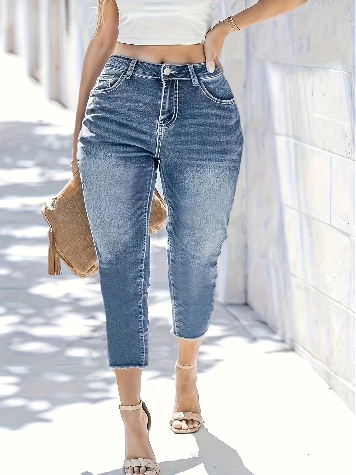 Women's Plus Size Elastic Embroidered Seven-Eighth Pants Wide Leg Black