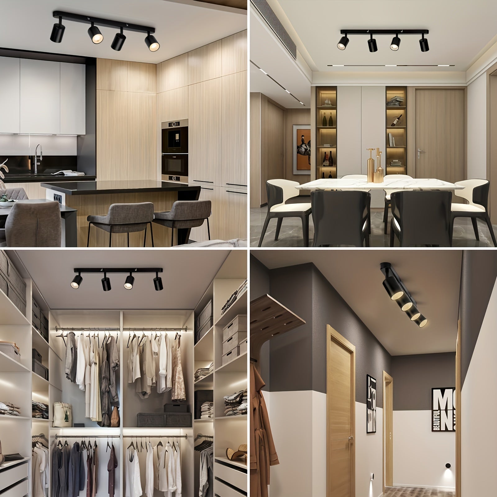 Zamonaviy qora proyektor bar uchun 4 ta aylanuvchi GU10 lampali LED shift chirog'i, oshxona, yotoqxona va yashash xonasi uchun mos (lampalar kiritilmagan).