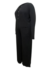 Women's Black Wide-Leg Lounge Jumpsuit with Pockets and Machine Washable