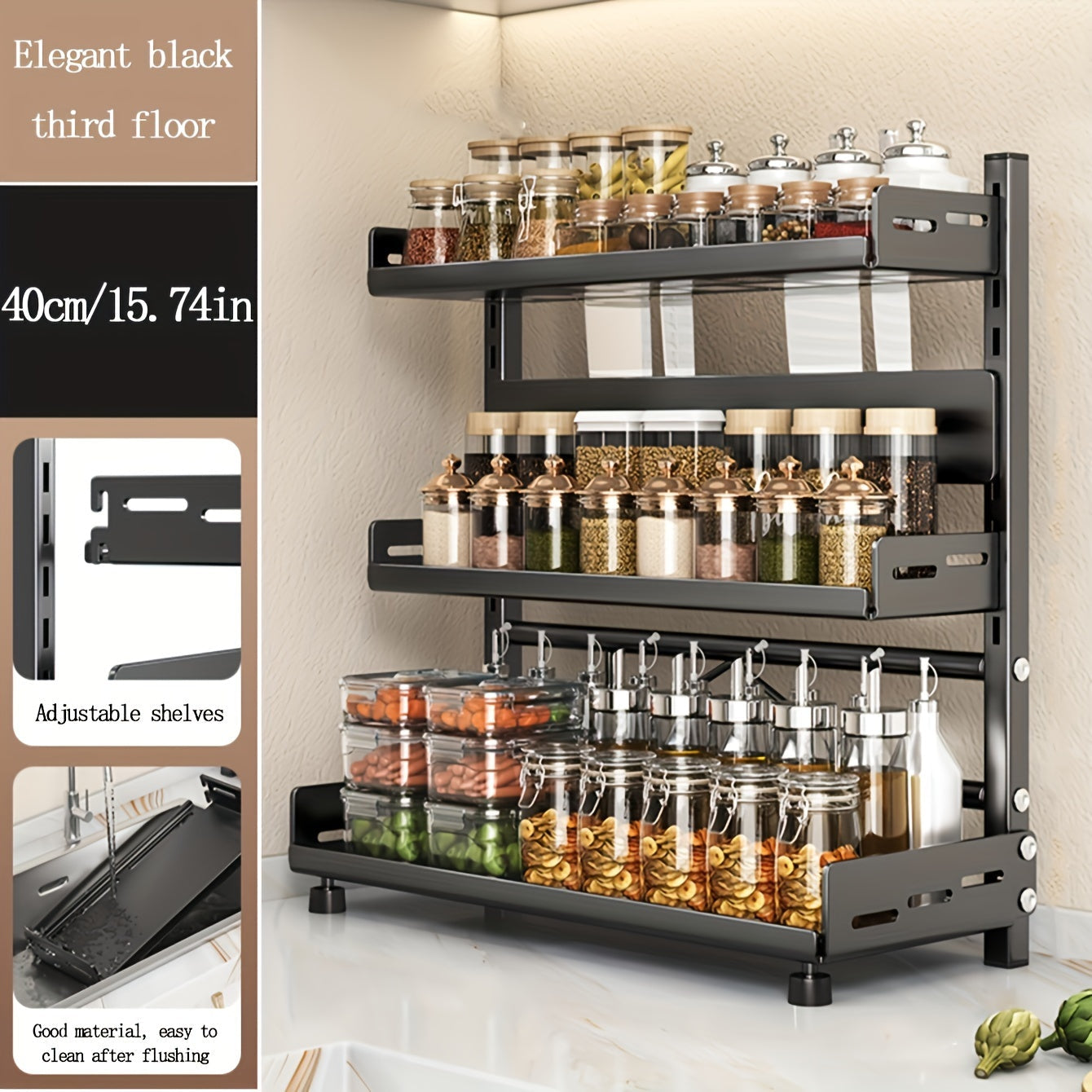 3-Level Stainless Steel Spice Rack Organizer for Kitchen and Dining