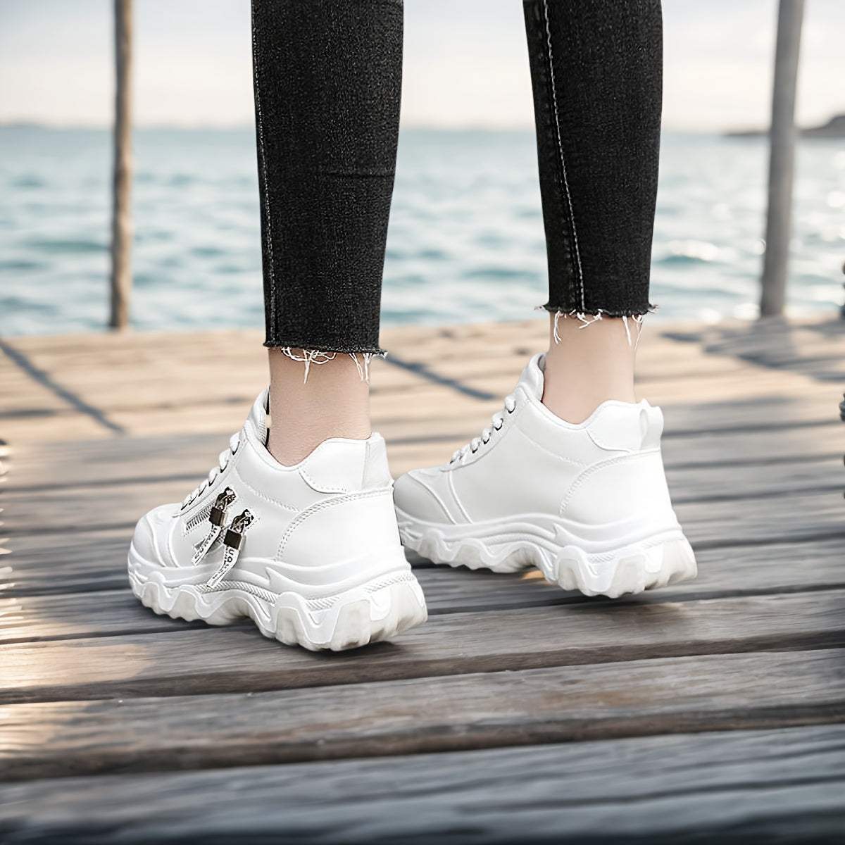 Women's White Platform Sneakers with Cushioned Sole and Chunky Design