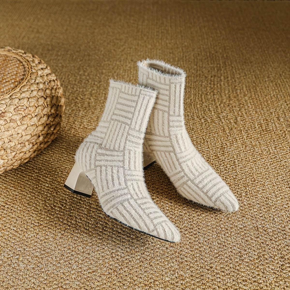 Women's Ankle Boots Knit Fabric Block Heel Slip-On Casual Styles