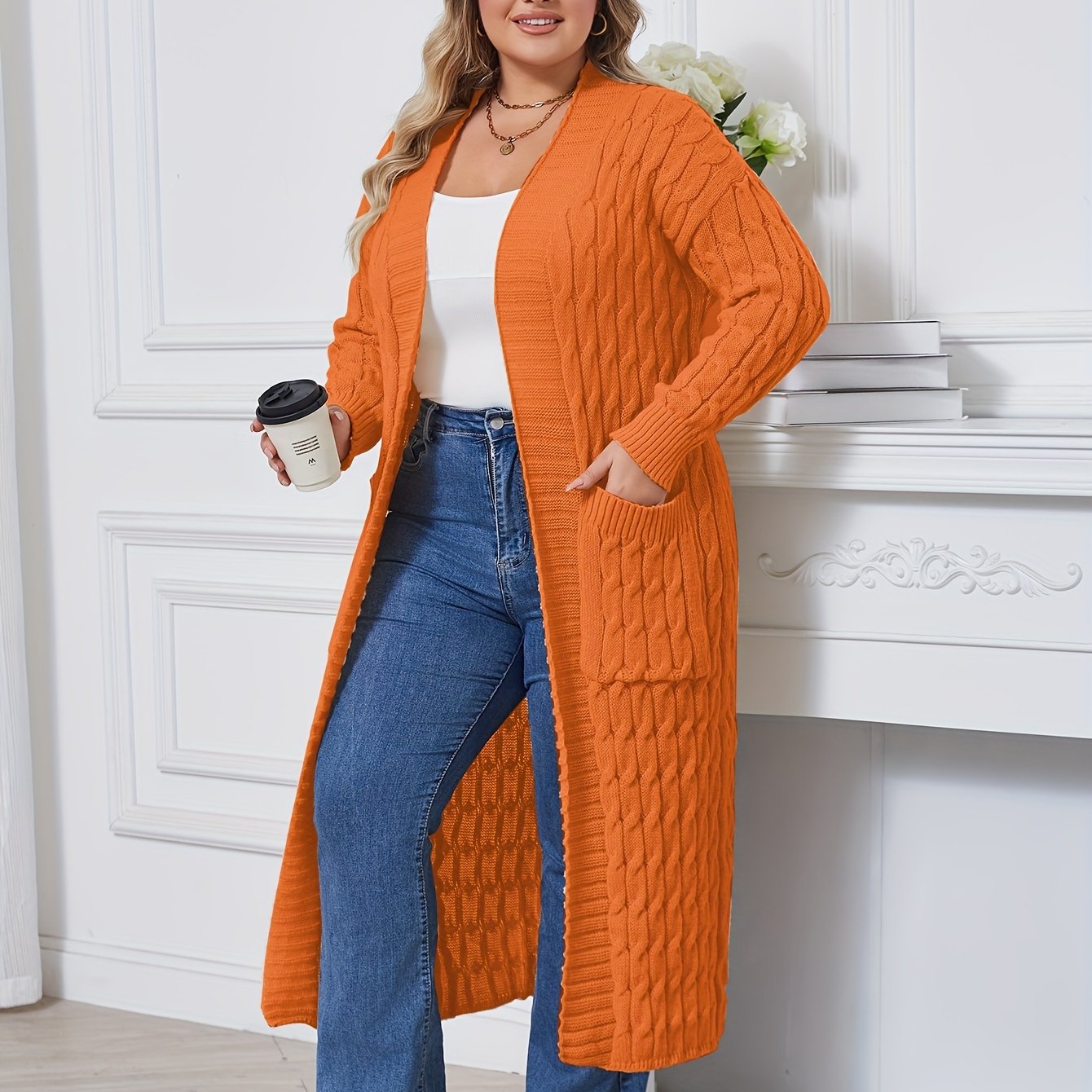 Plus Size Open Front Cardigan with Pockets Long Sleeves Women's Casual Winter Knit Polyester