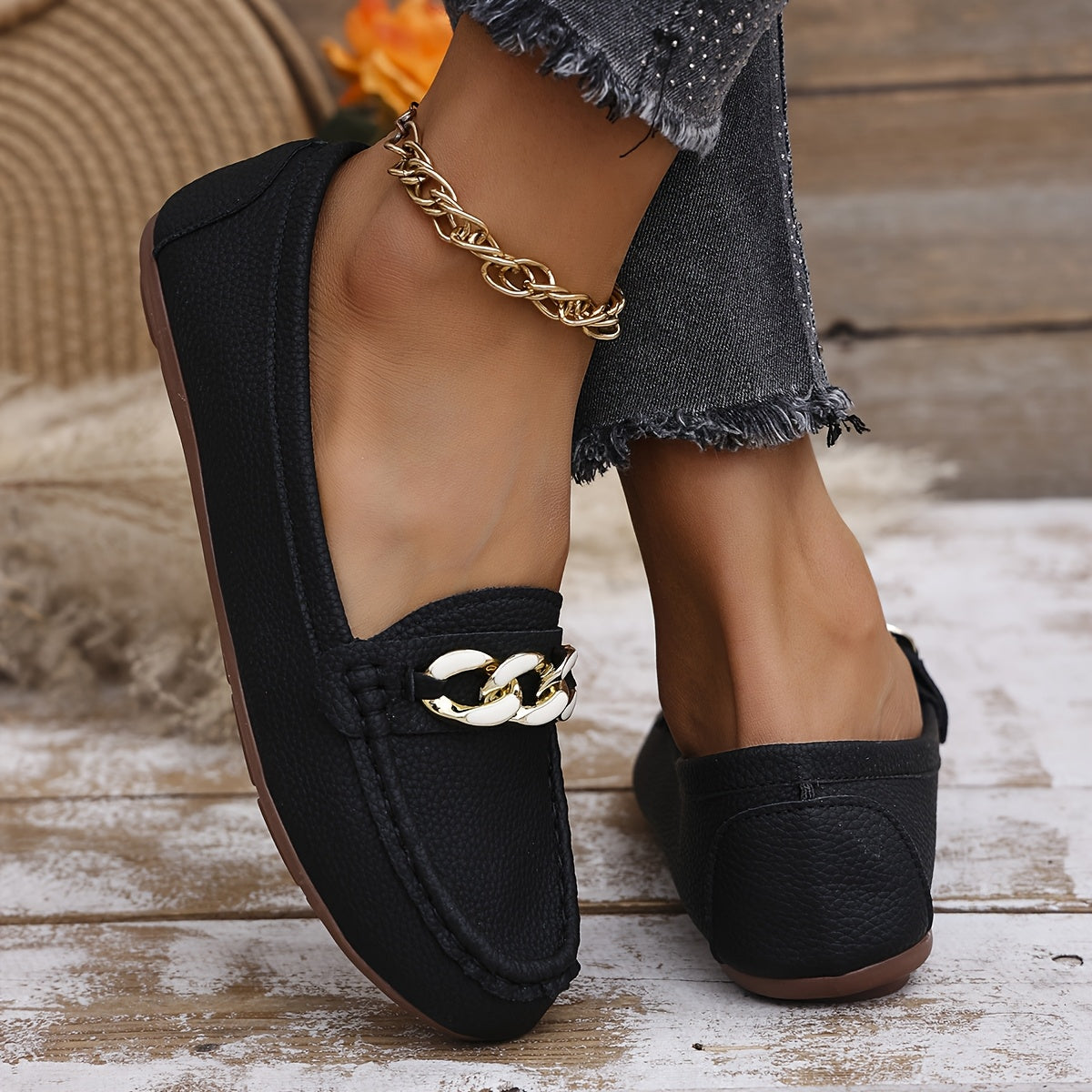 Zapatillas de ballet para mujer de material sintético con cadena dorada blanco beige negro