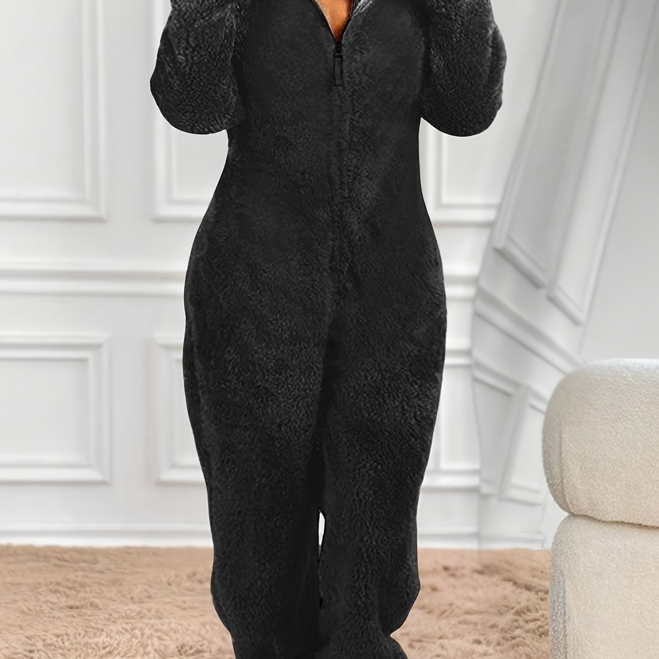 Plus Size Women's Hooded Jumpsuit Soft Polyester Casual Long Sleeve Pockets