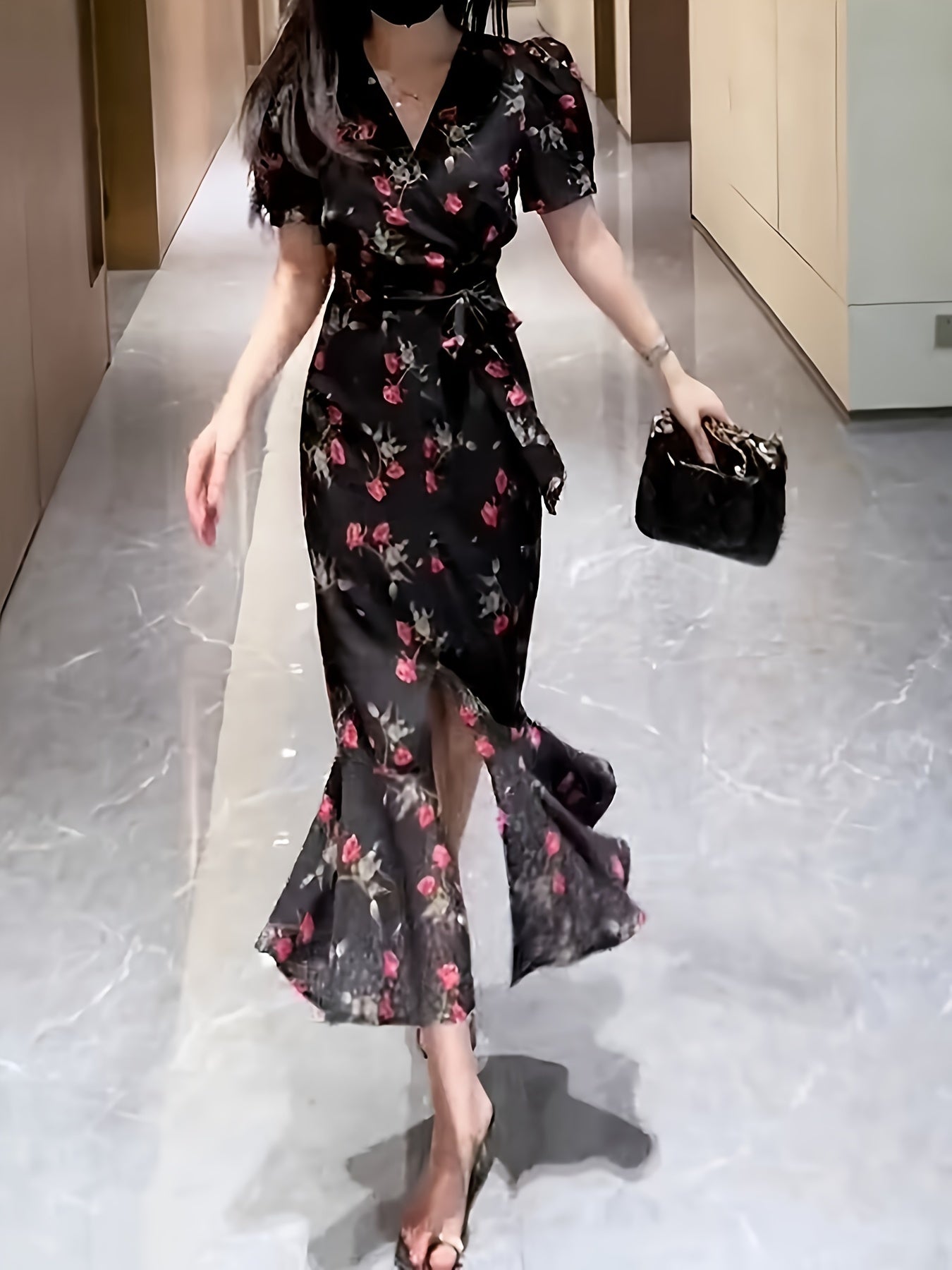 Floral V-Neck Midi Dress with Tie Waist Short Sleeves Mermaid Hem for Summer