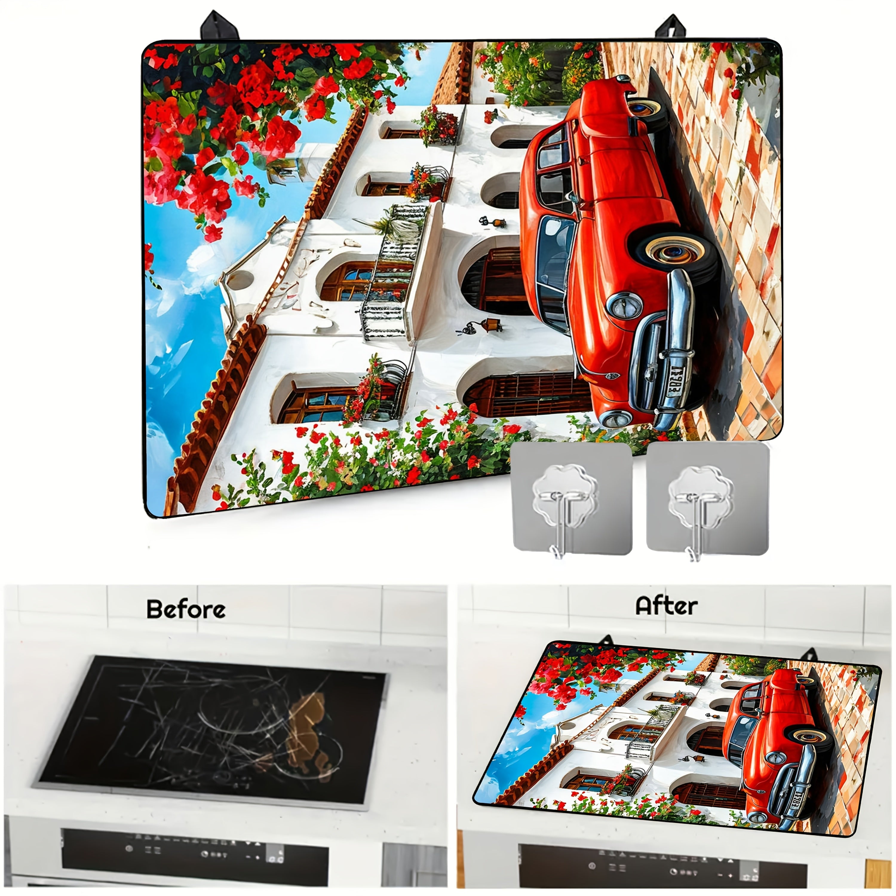 Vintage Red Car and European Scenery Kitchen Mat 72cm x 52cm Heat-Resistant Rubber Protector