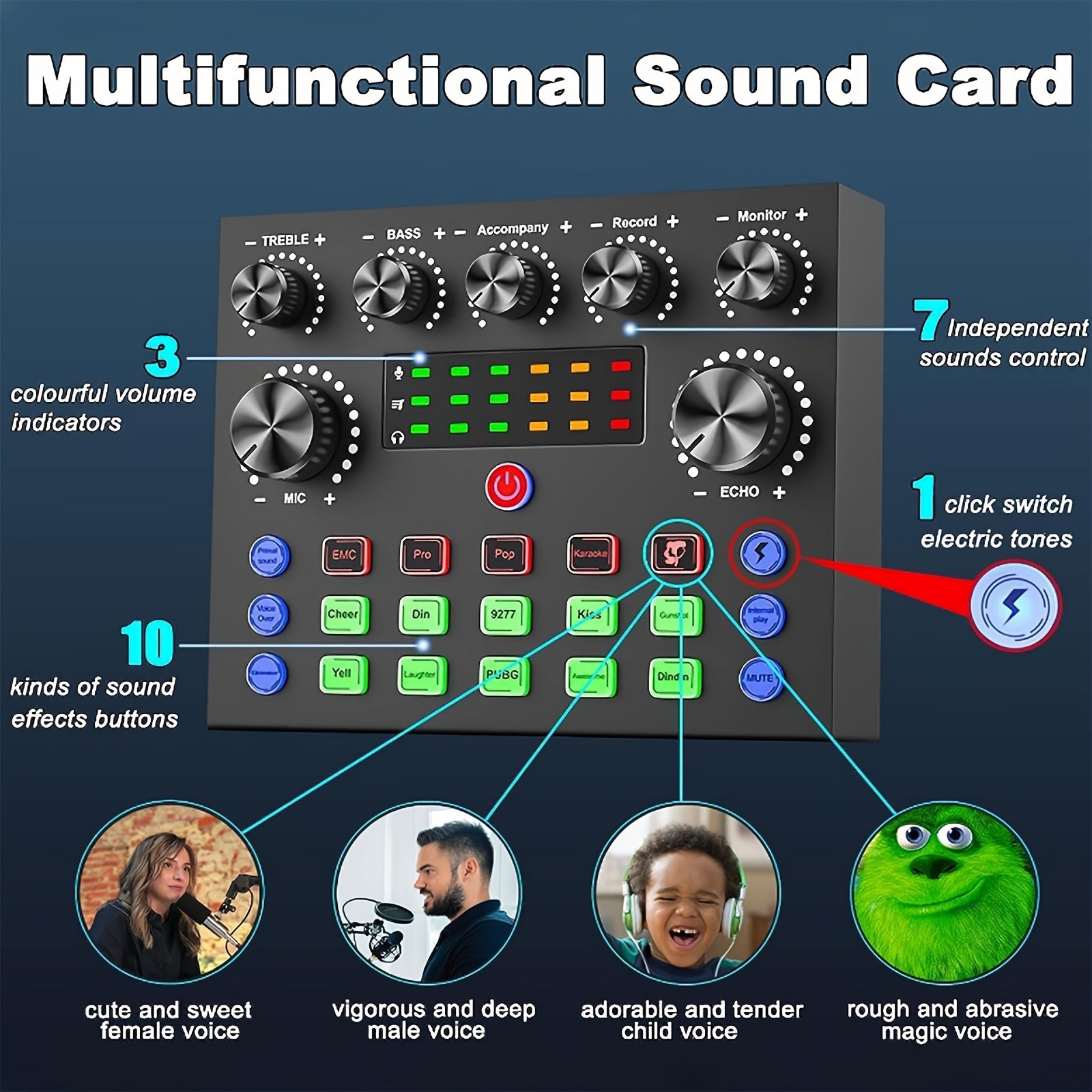 V8S Pro Audio Interfeysi Ovozni O'zgartirish Effektlari bilan - USB Quvvatlanadigan, 500mAh Qayta Zaryadlanadigan, ABS Qora Ovoz Kartasi PC yozuvi, qo'shiq aytish, oqim va o'yinlar uchun, Mikrofon va Quloqchin Ulanishi bilan